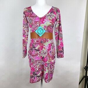 NWT Tracy Negoshian Size S Coral Swirly Leaves Reversible Dress TN200-Elena